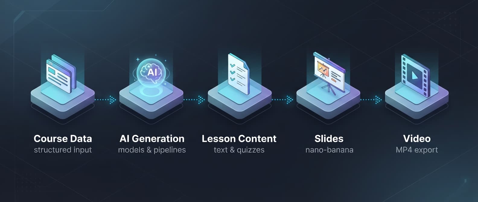 AI content pipeline: Course Data → AI Generation → Lesson Content → Slides → Video